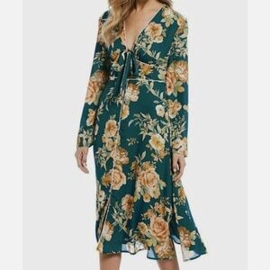 June & Hudson Green Floral Long Sleeve Midi Dress Size Small